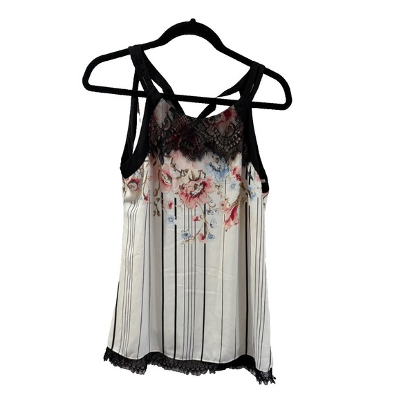 White House Black Market Tops - WHBM Thistle Floral Striped Lace Tie Neck Top Blouse Shell 4 Career Feminine